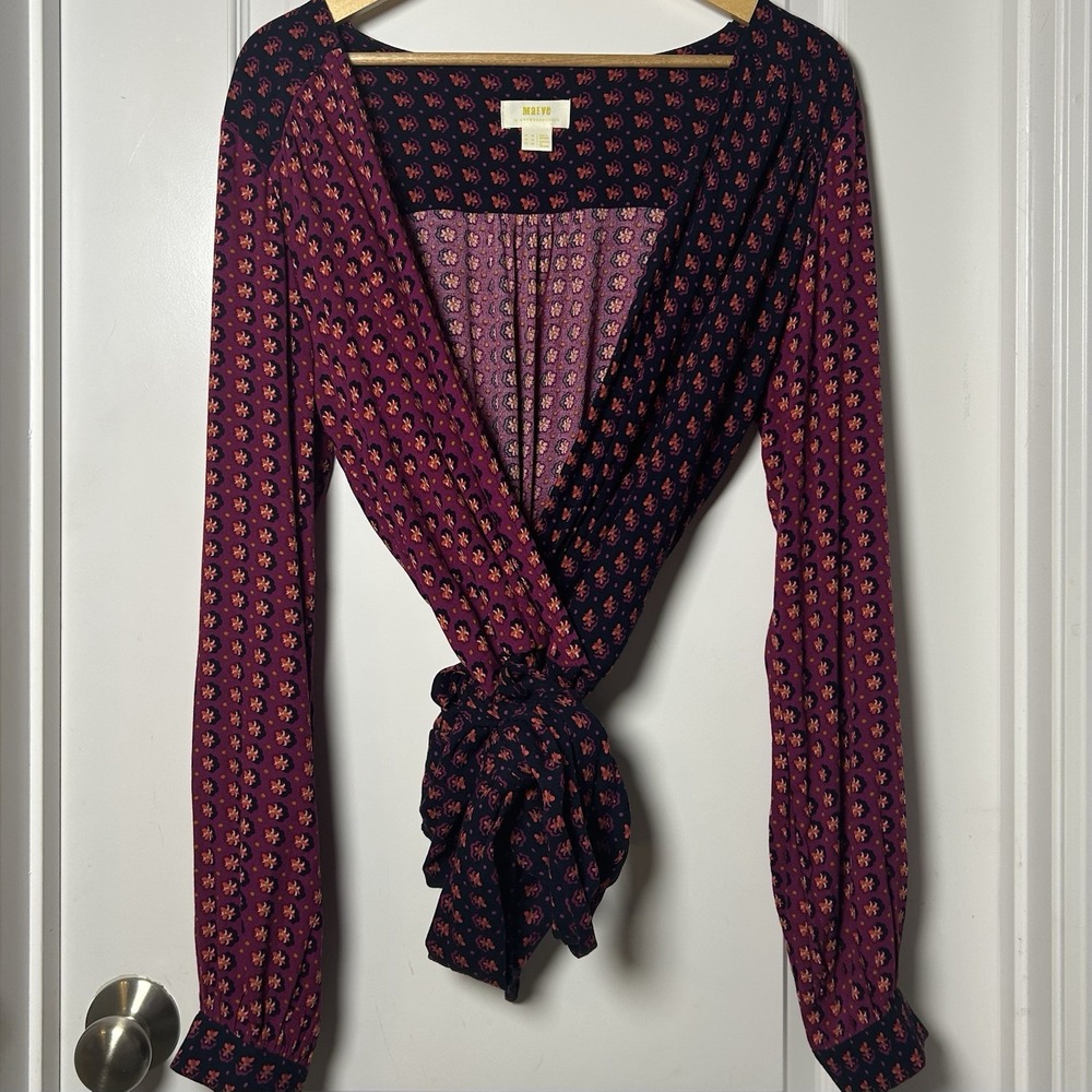 Maeve Anthropologie Magenta Navy Lisa Puff Sleeve Faux Wrap Front Tie Up Blouse